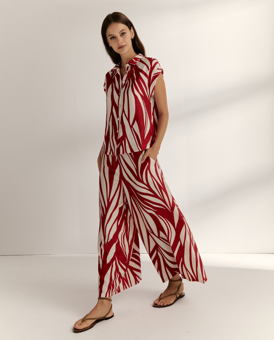 Pantalon fluide rouge/&eacute;cru