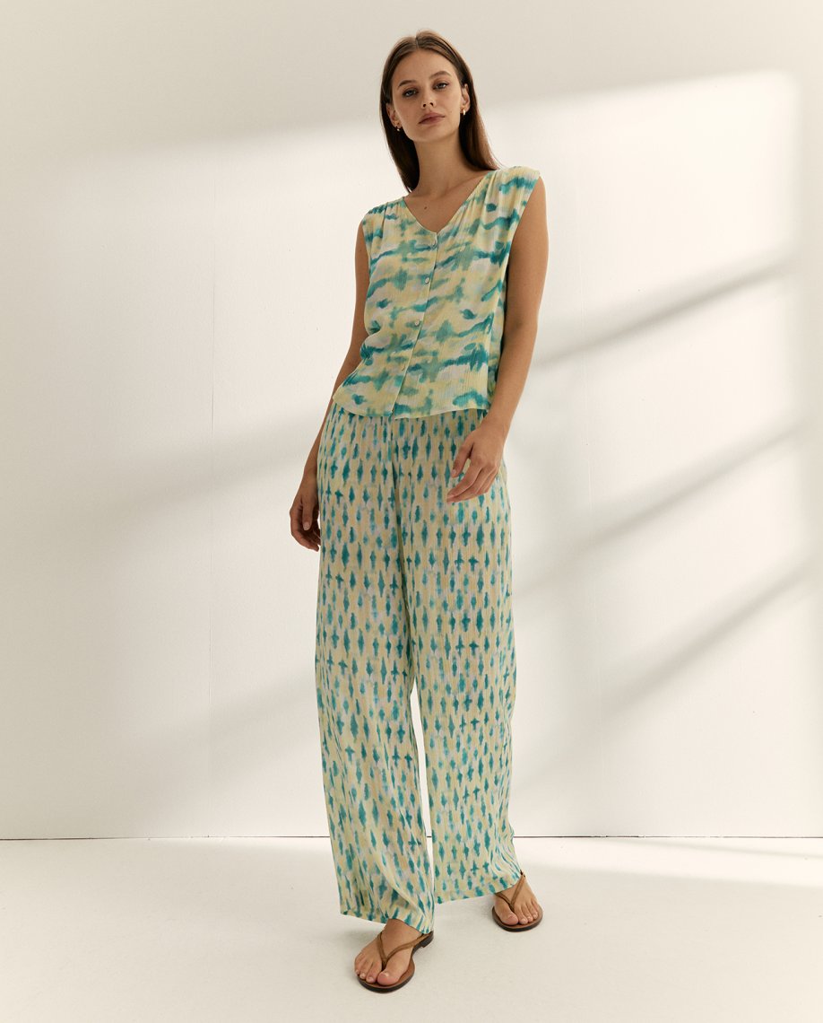 Pantalon fluide vert/jaune